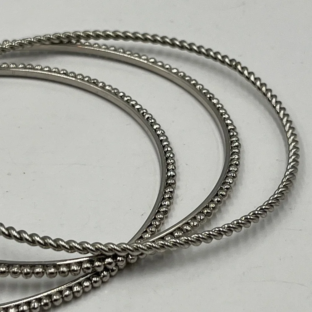 Vintage Silver-Tone Stacking Bangle Bracelets Set 3 Twisted Beaded Plain Texture